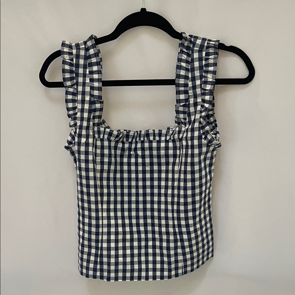JCrew Navy and White Gingham Ruffle Top